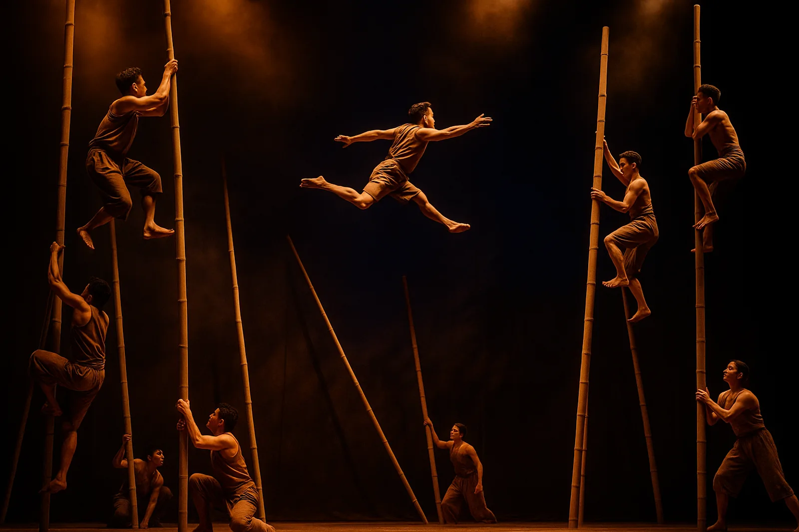 Acrobats climbing and leaping between tall bamboo poles in a bamboo-circus performance